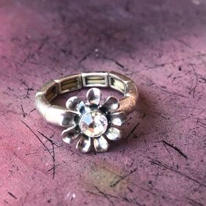 Silver Floral Ring with Crystal Accent